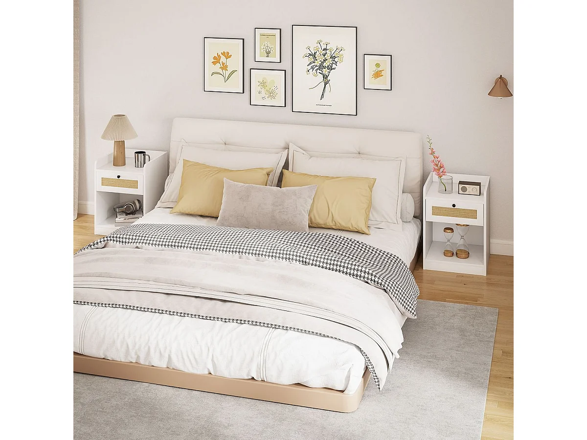 Pack de 2 mesitas de noche Boho Homcom cajón con frontal de ratán blanco 53x40x40 cm