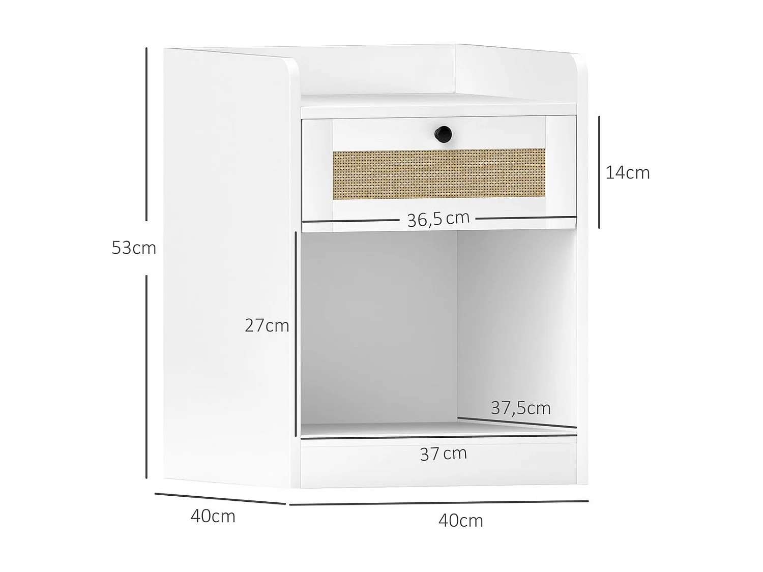 Pack de 2 mesitas de noche Boho Homcom cajón con frontal de ratán blanco 53x40x40 cm