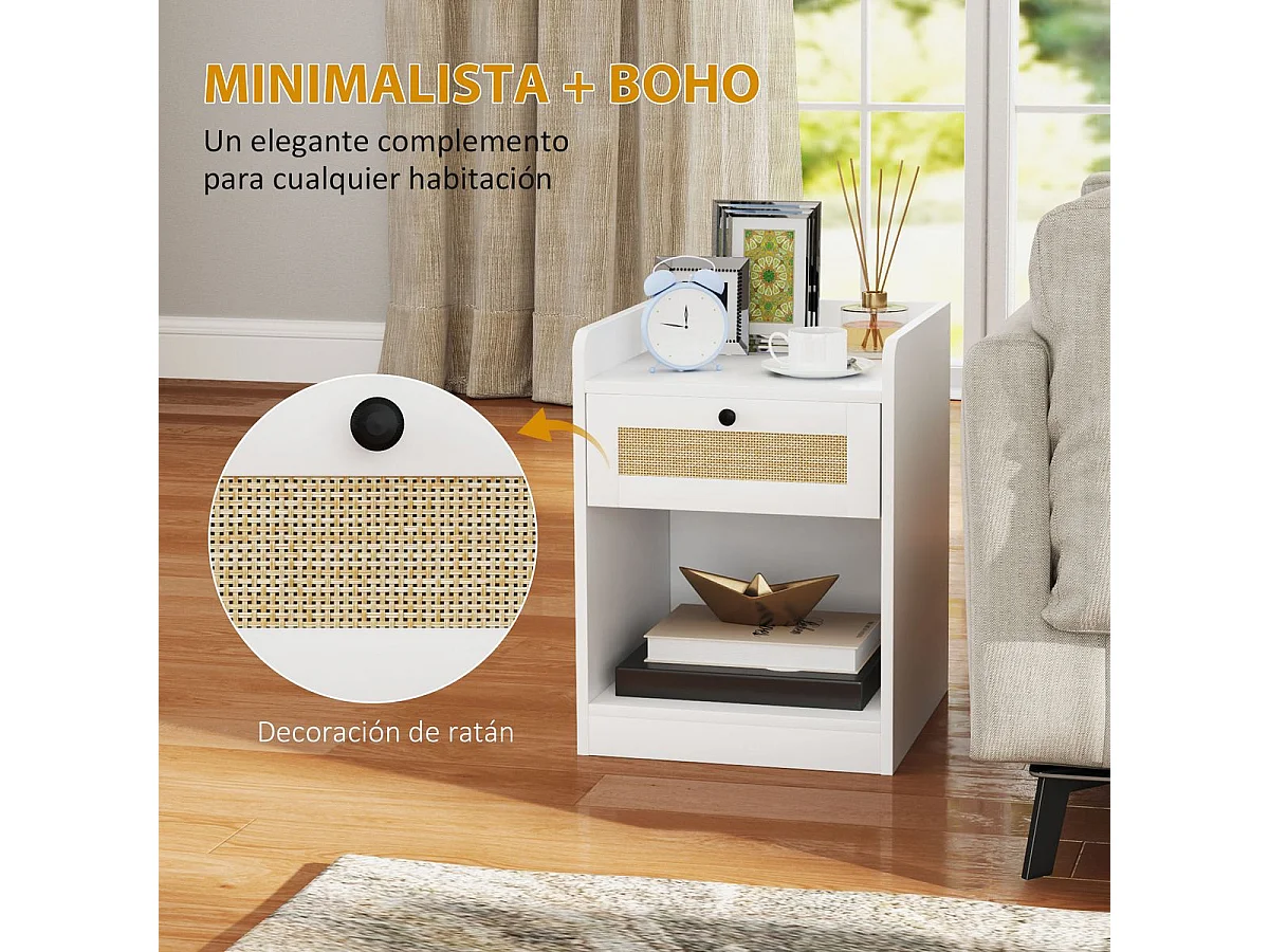 Pack de 2 mesitas de noche Boho Homcom cajón con frontal de ratán blanco 53x40x40 cm