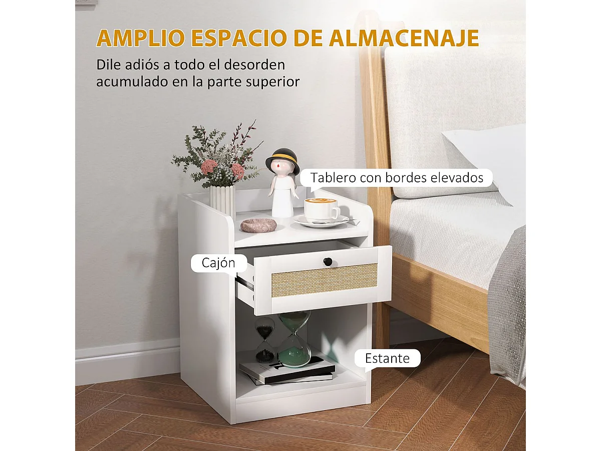 Pack de 2 mesitas de noche Boho Homcom cajón con frontal de ratán blanco 53x40x40 cm