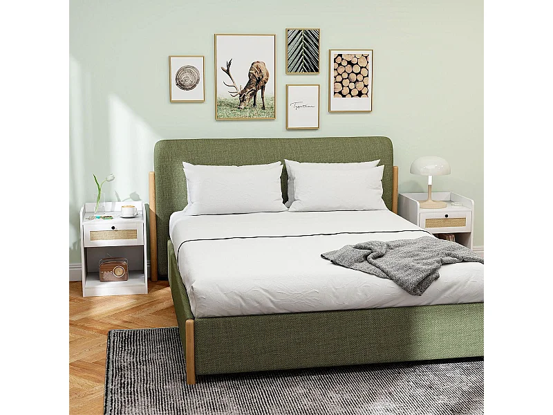 Pack de 2 mesitas de noche Boho Homcom cajón con frontal de ratán blanco 53x40x40 cm