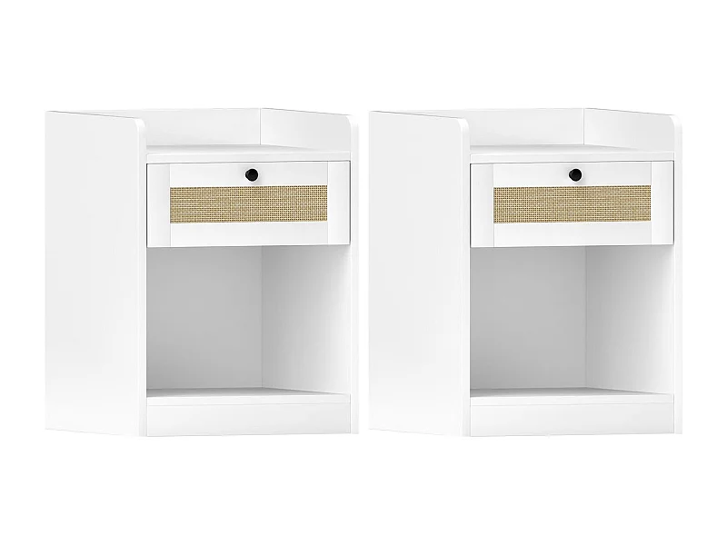 Pack de 2 mesitas de noche Boho Homcom cajón con frontal de ratán blanco 53x40x40 cm