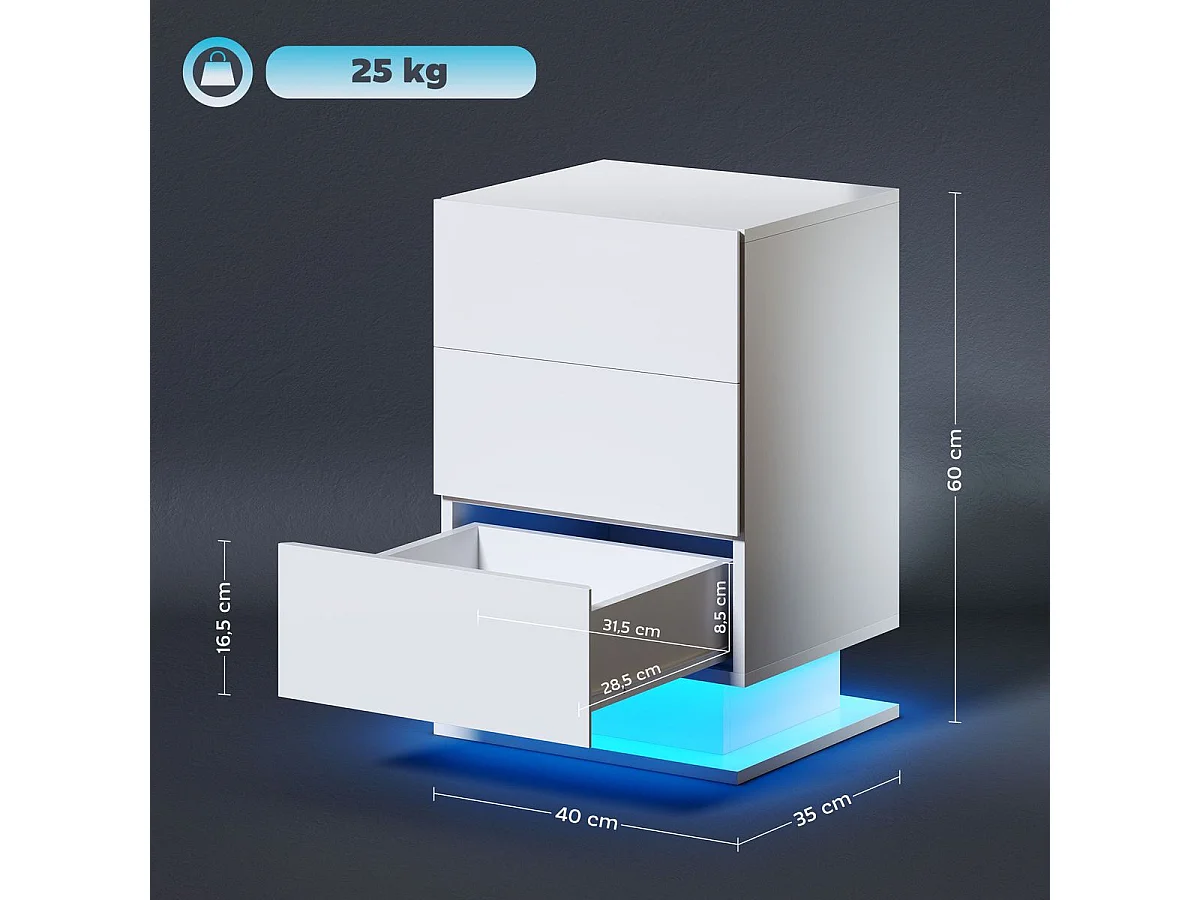 Mesita de noche Aura Homcom luz LED con 3 cajones blanco 60x40x35 cm