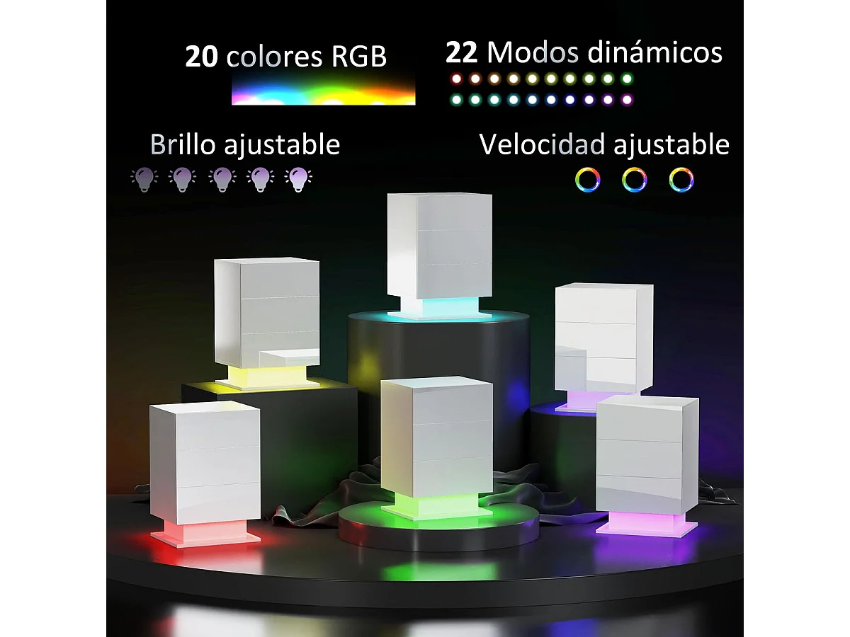 Mesita de noche Aura Homcom luz LED con 3 cajones blanco 60x40x35 cm