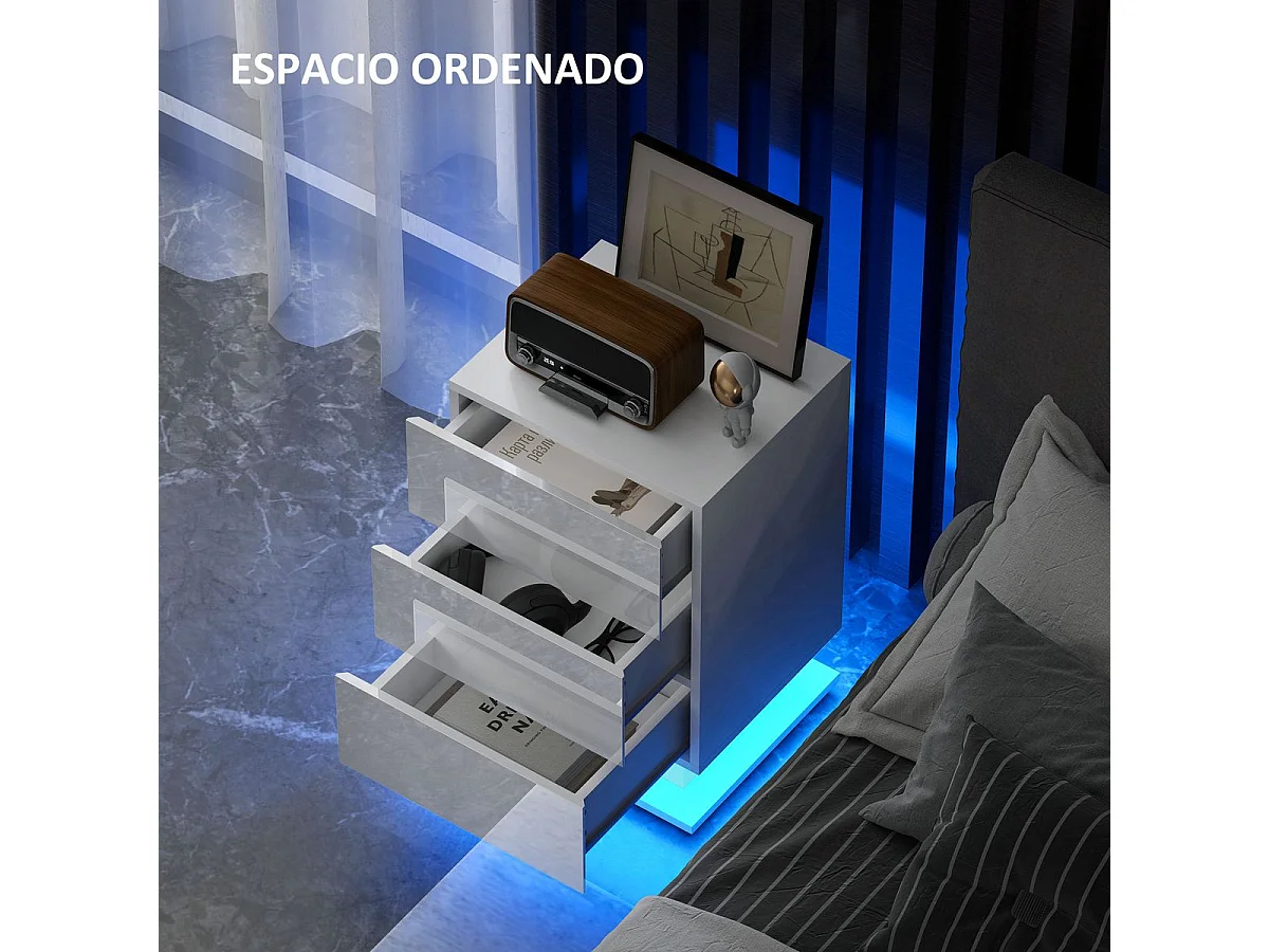 Mesita de noche Aura Homcom luz LED con 3 cajones blanco 60x40x35 cm