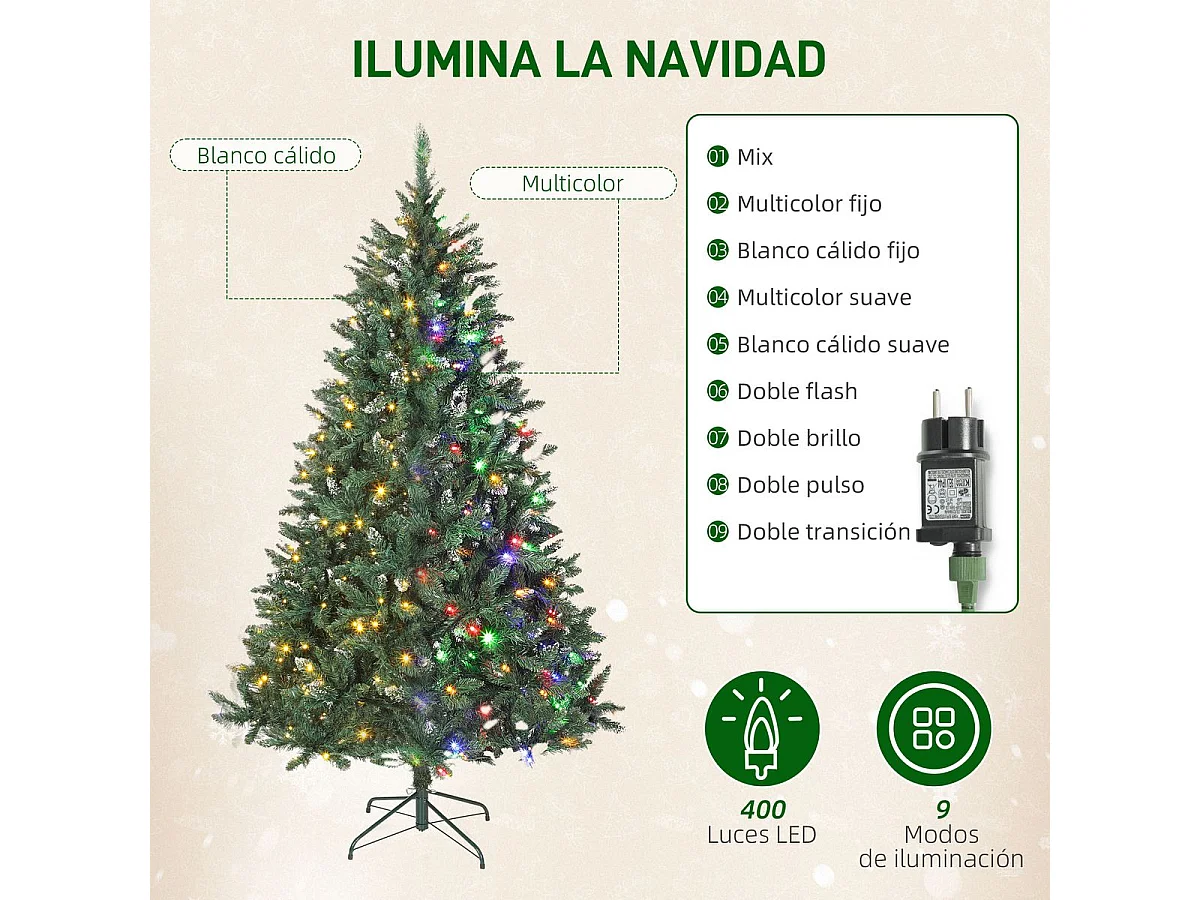 Árbol de Navidad Homcom 1160 ramas 400 LEDs con decoraciones verde 210 cm