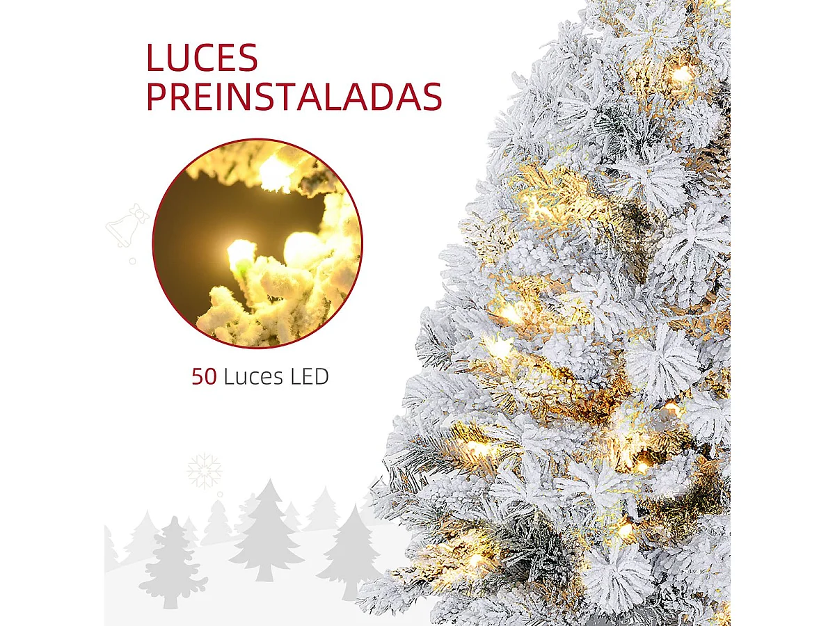 Árbol de Navidad Alsacia Homcom 133 ramas + 50 luces LED blanco Ø47x92 cm