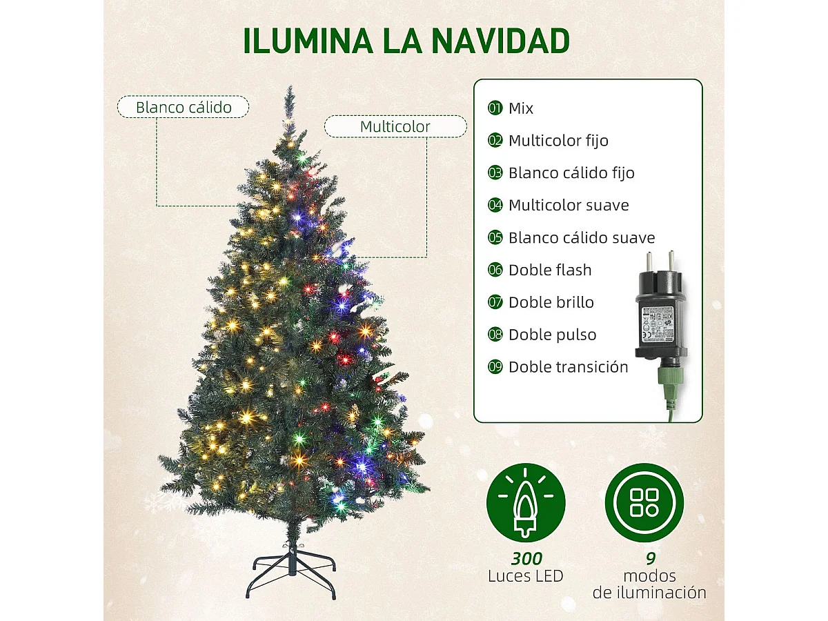 Árbol de Navidad Homcom 802 ramas 300 LEDs con decoraciones verde 180 cm