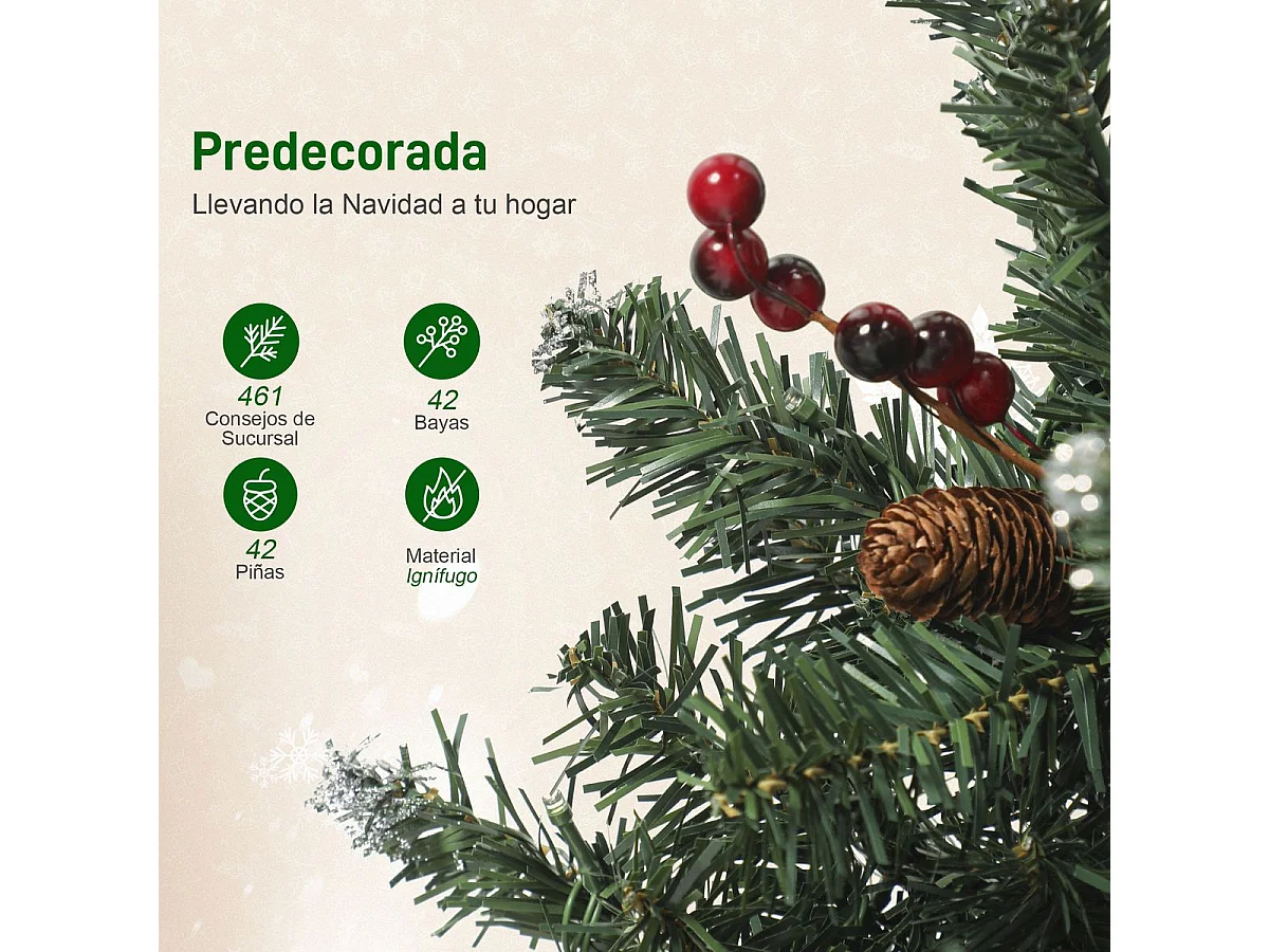 Árbol de Navidad Homcom 461 ramas 200 LEDs con decoraciones verde 180 cm
