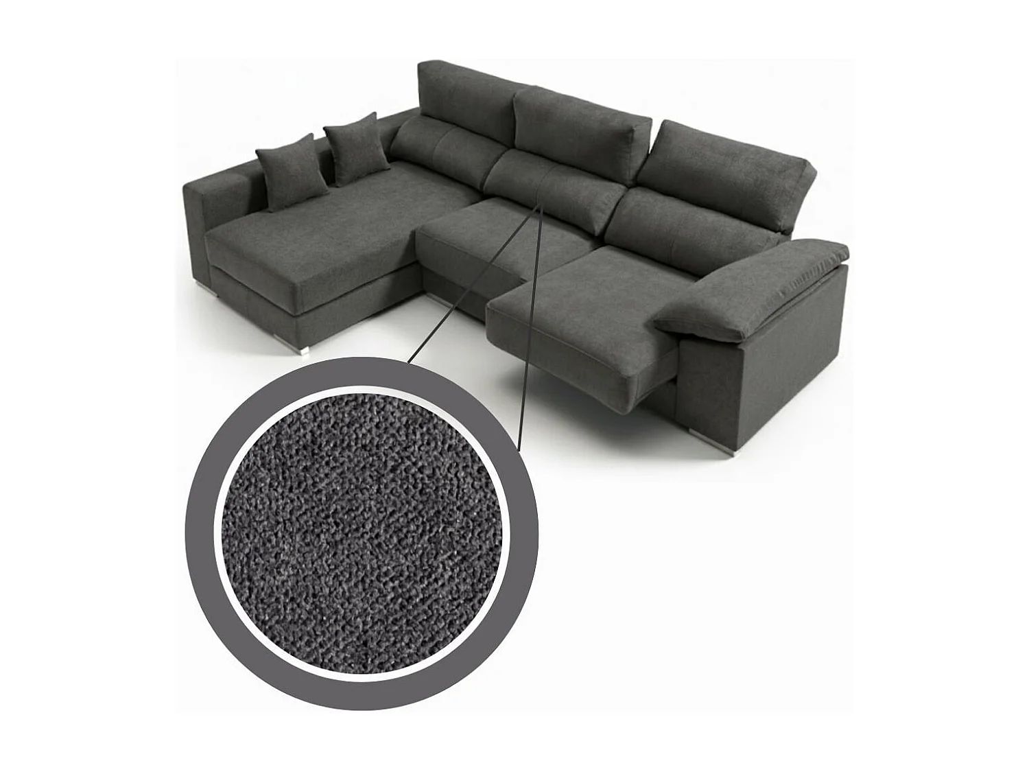 Sofá chaiselongue izquierda Calgary 3 plazas deslizante y reclinable tela Bronx antracita 290 cm