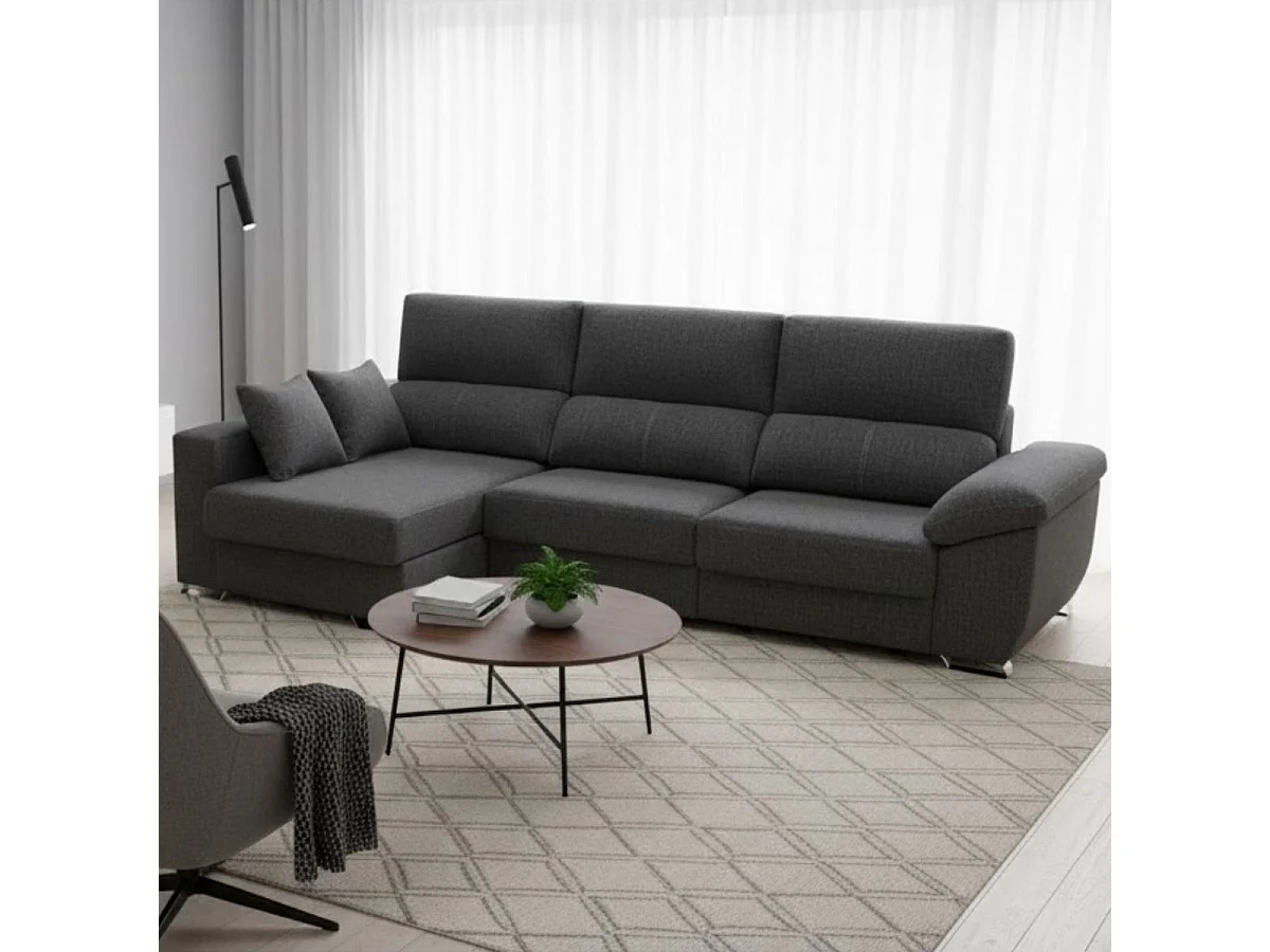 Sofá chaiselongue Ponza 3 plazas deslizante + cabezales reclinables derecha antracita 100x275x160 cm