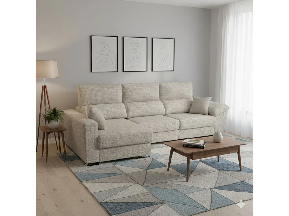 Sofá chaiselongue Ponza 3 plazas deslizante + cabezales reclinables izquierda beige 100x275x160 cm