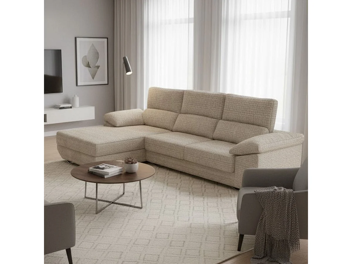 Sofá chaiselongue Danielle 3 plazas deslizante + cabezales reclinables izquierda beige oscuro 100x300x170 cm