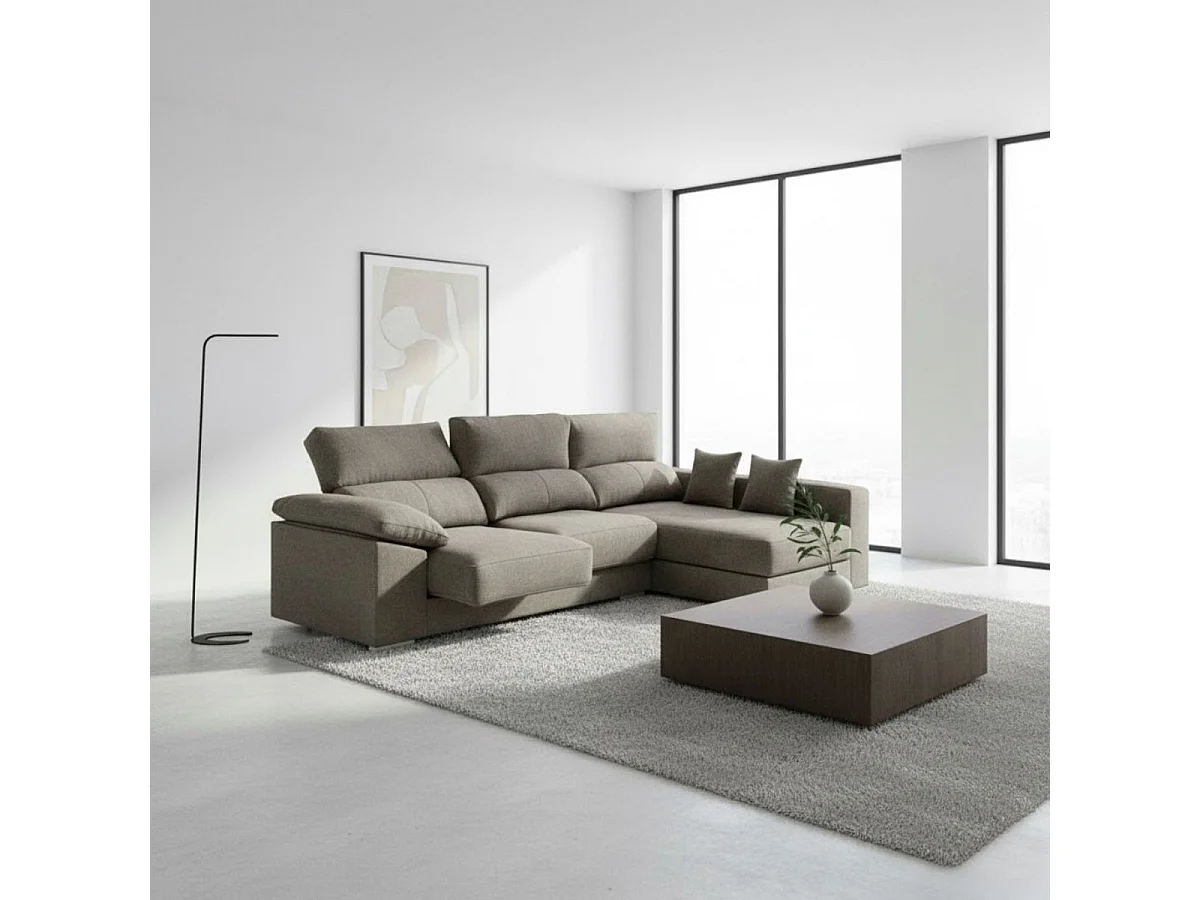 Sofá chaiselongue derecha Calgary 3 plazas deslizante y reclinable tela Bronx gris 290 cm