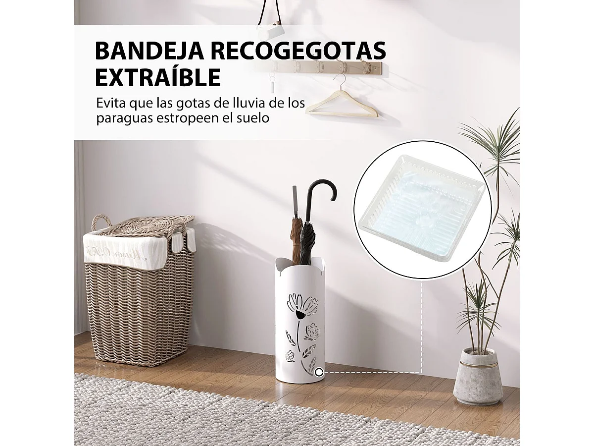 Paragüero Gisel Homcom 4 ganchos con bandeja de goteo blanco  41x17x17 cm