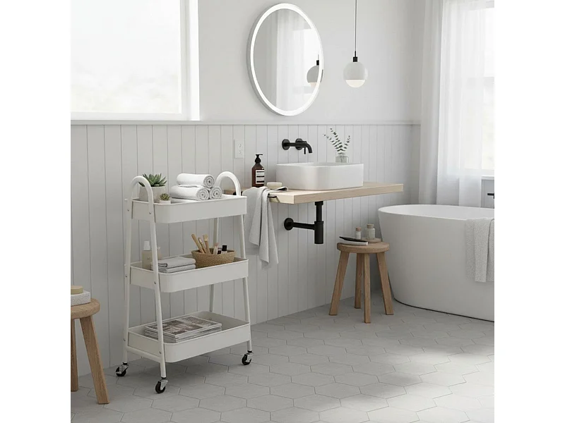 Carrito auxiliar 3 niveles con ruedas + asas blanco 79,5x31,5x44 cm