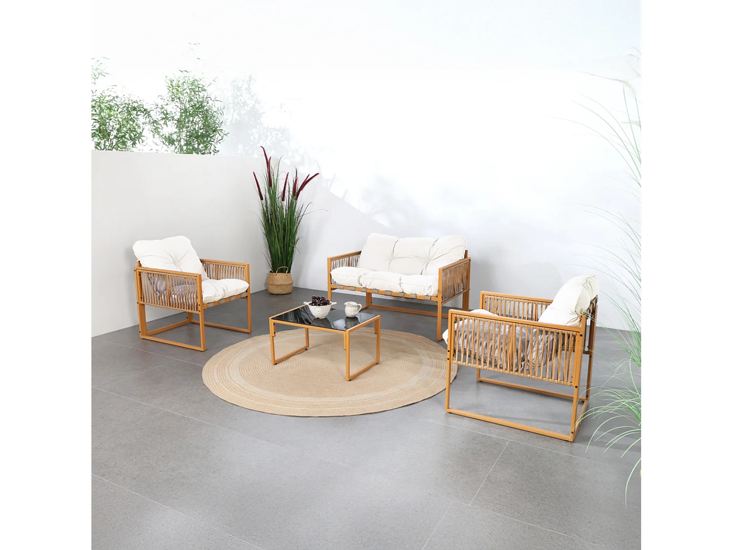 Salon de jardin 4 places effet rotin coussins blancs TURINI