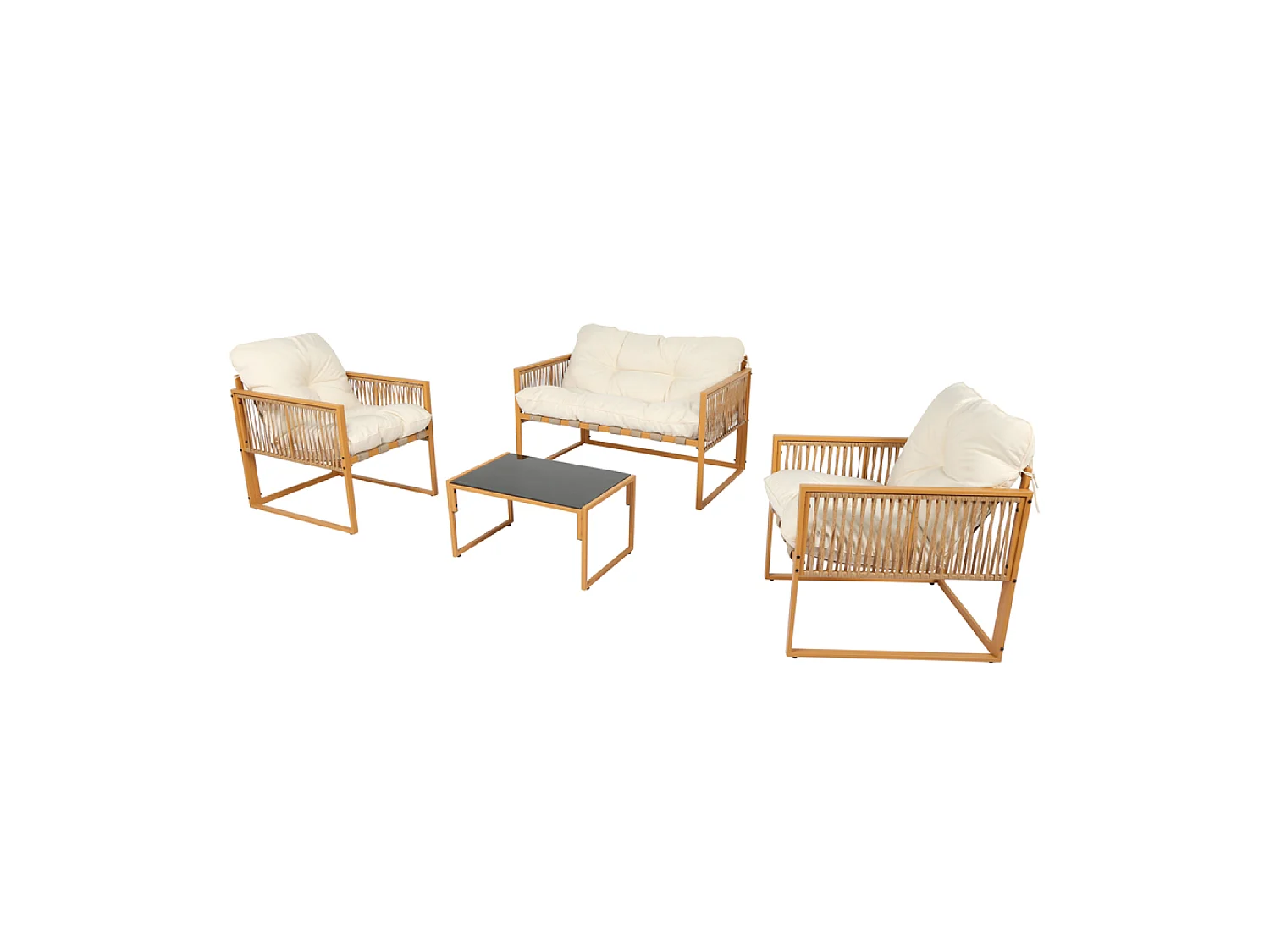 Salon de jardin 4 places effet rotin coussins blancs TURINI
