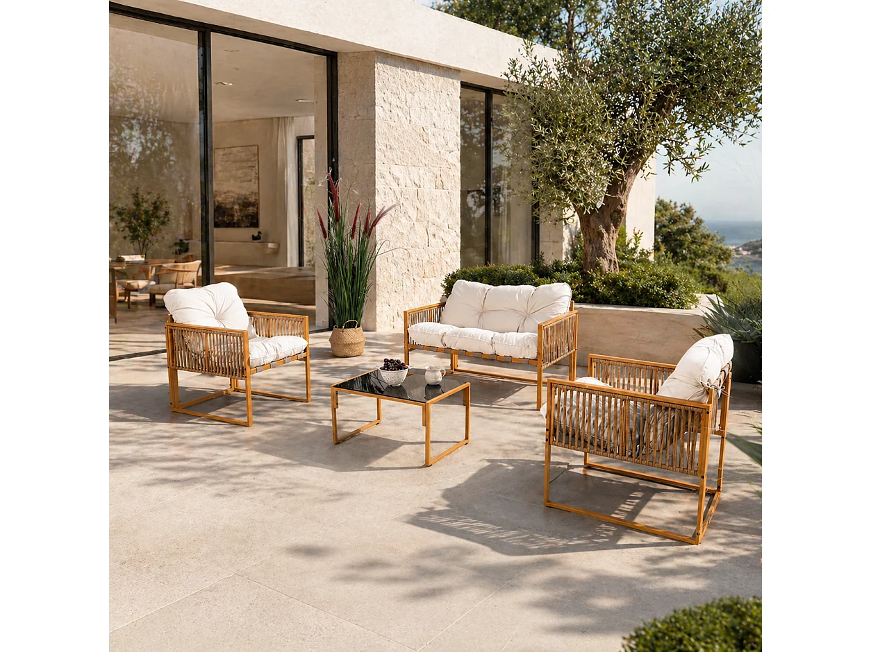 Salon de jardin 4 places effet rotin coussins blancs TURINI