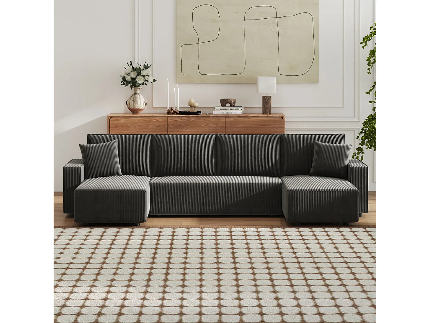 Canapé convertible 6 places avec coffre en velours côtelé anthracite SALISBURY