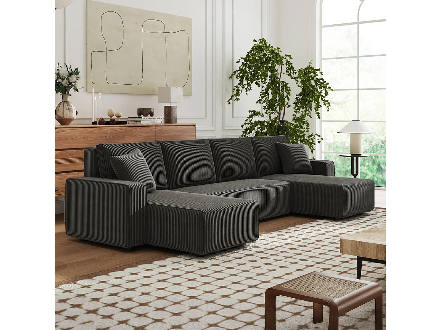 Canapé convertible 6 places avec coffre en velours côtelé anthracite SALISBURY