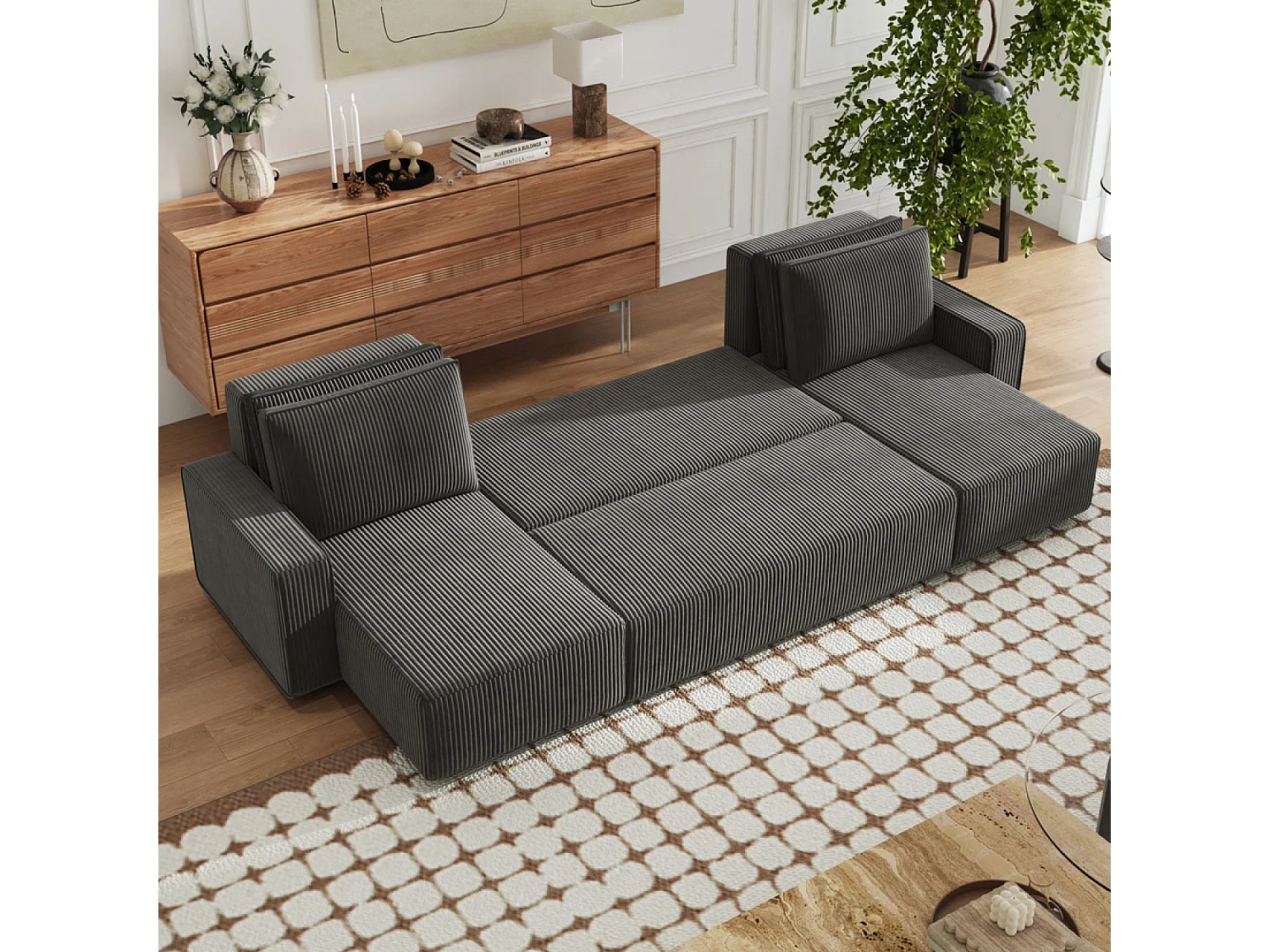 Canapé convertible 6 places avec coffre en velours côtelé anthracite SALISBURY