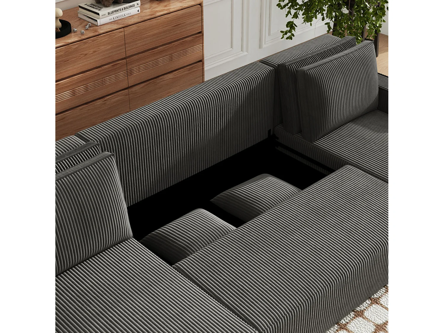 Canapé convertible 6 places avec coffre en velours côtelé anthracite SALISBURY