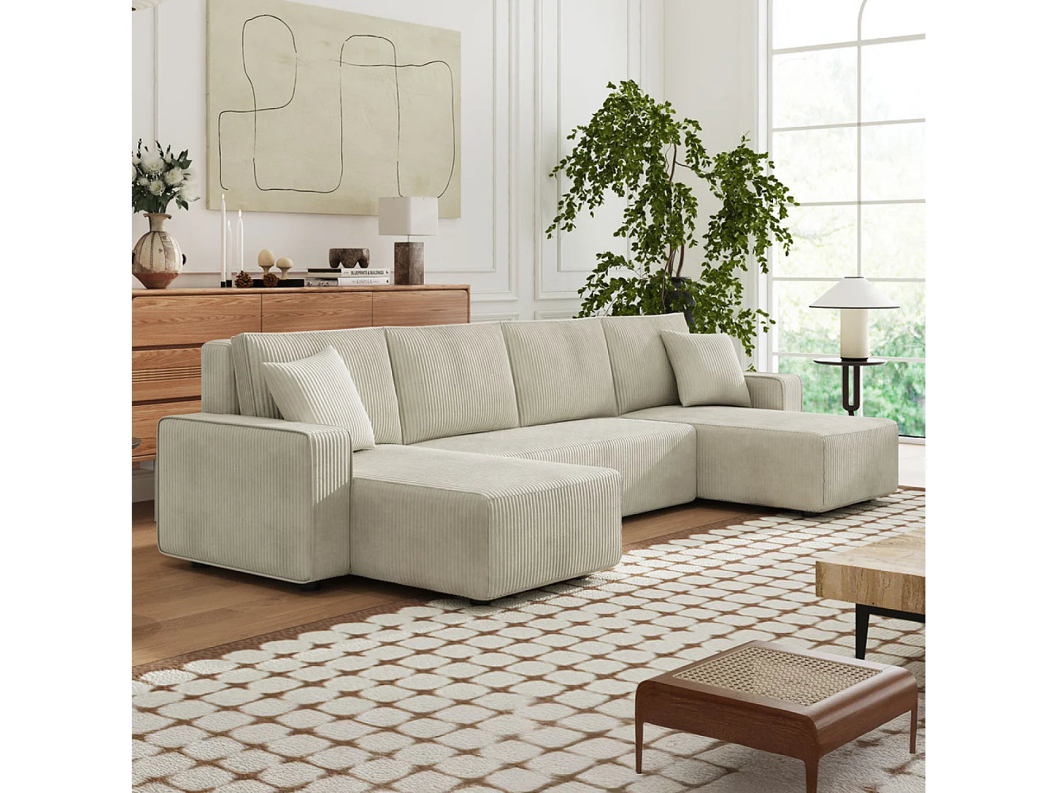 Canapé panoramique convertible 6 places avec coffre en velours côtelé beige SALISBURY