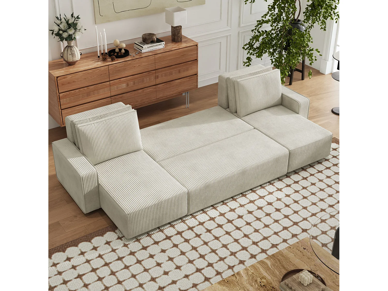Canapé panoramique convertible 6 places avec coffre en velours côtelé beige SALISBURY