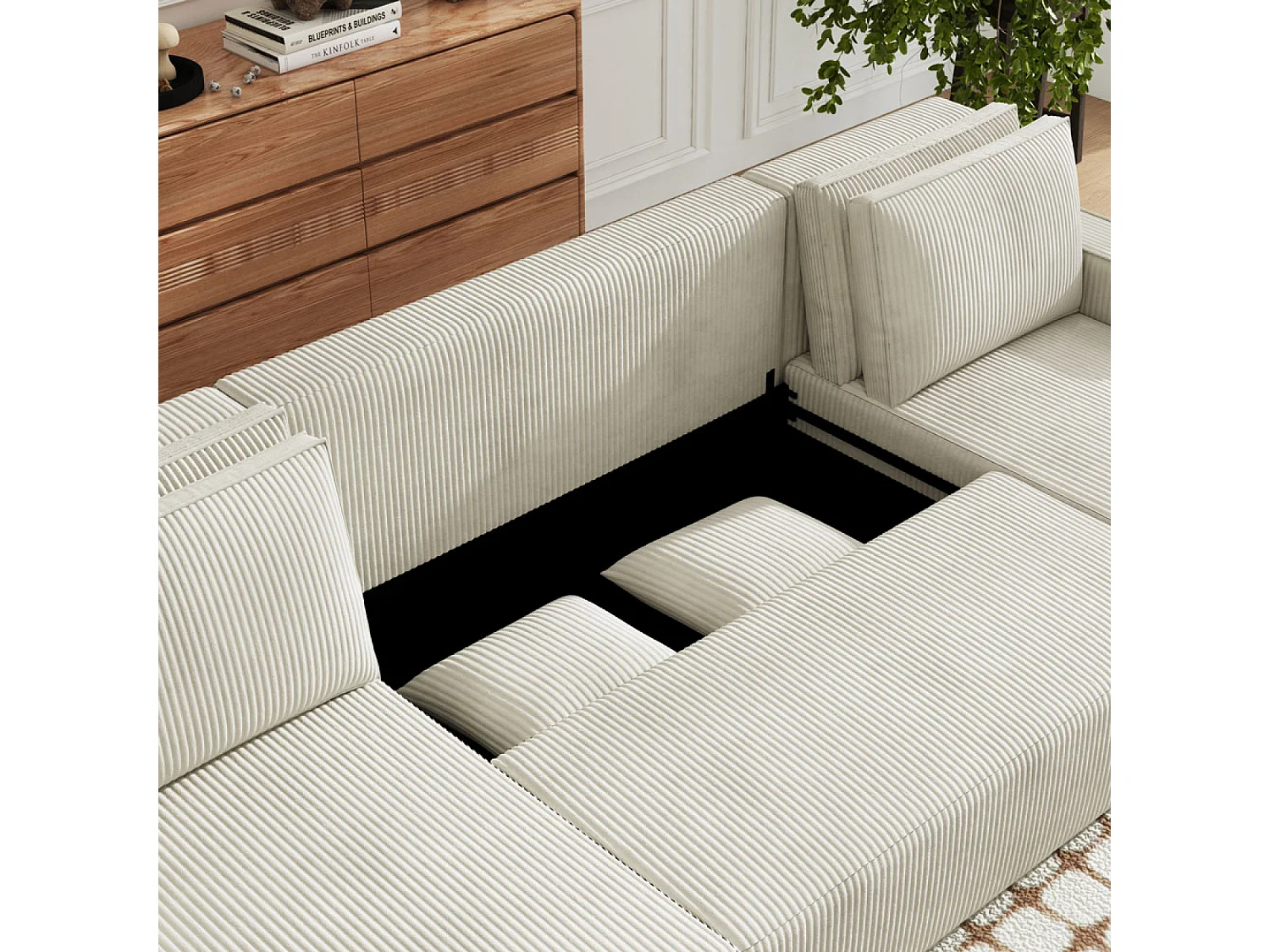 Canapé panoramique convertible 6 places avec coffre en velours côtelé beige SALISBURY