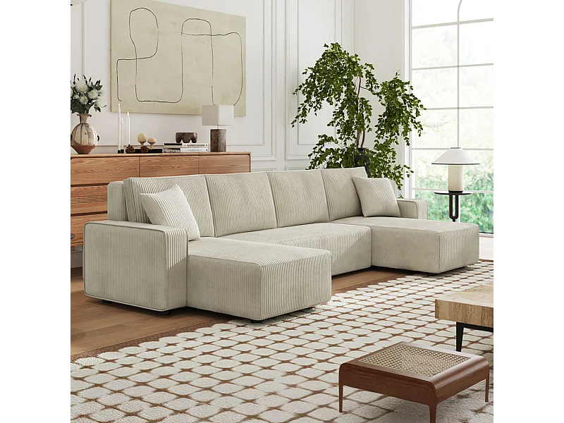 Canapé panoramique convertible 6 places avec coffre en velours côtelé beige SALISBURY