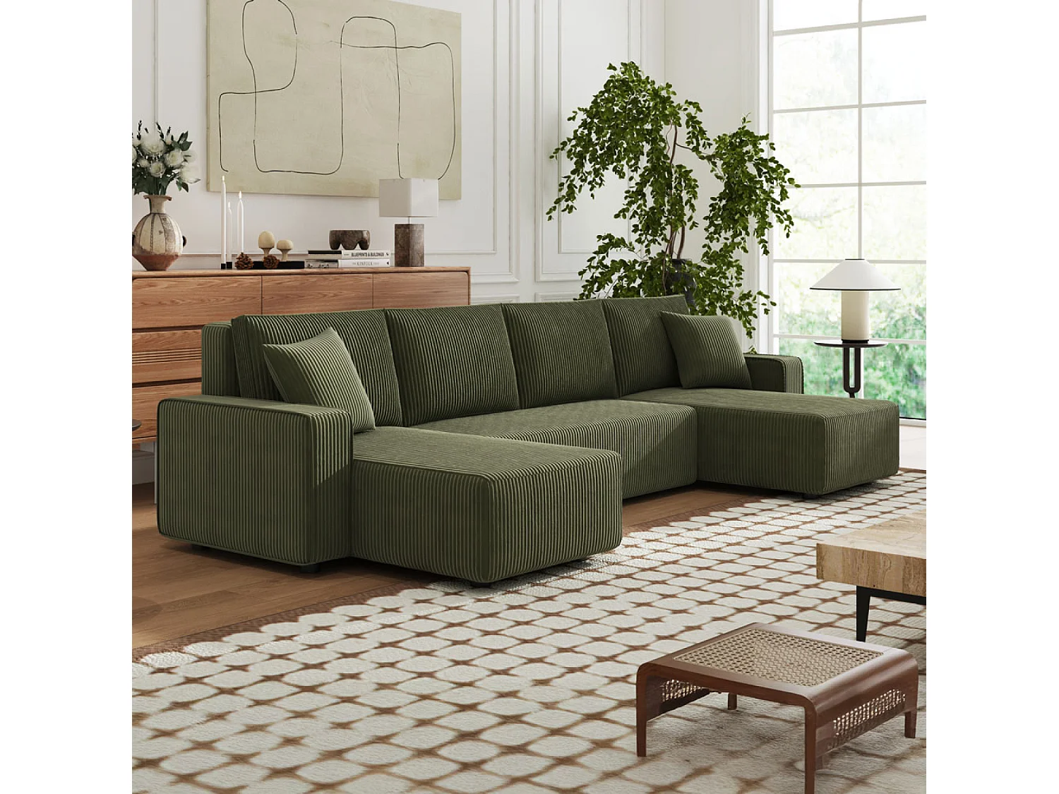 Canapé panoramique convertible 6 places avec coffre en velours côtelé vert SALISBURY