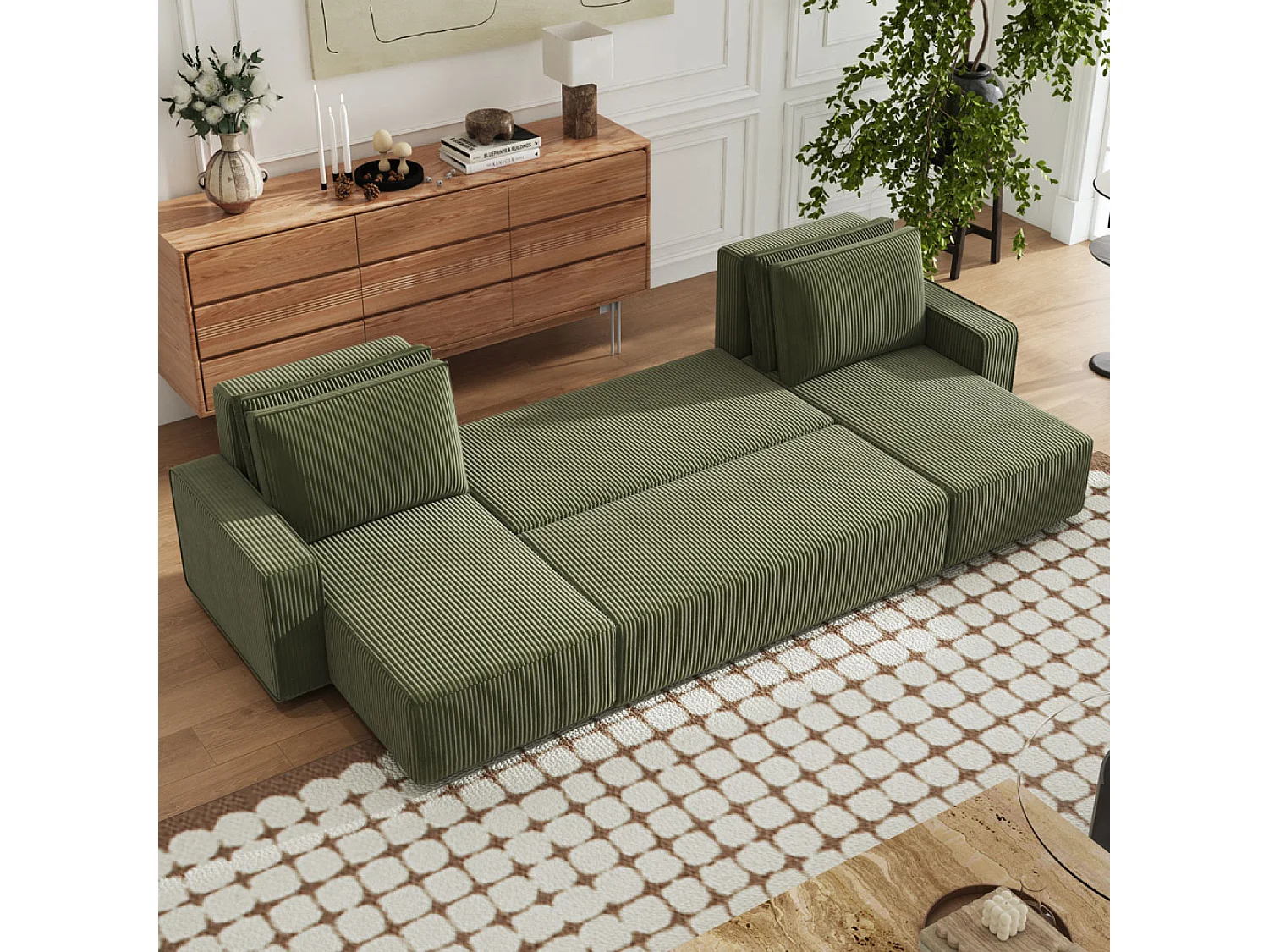 Canapé panoramique convertible 6 places avec coffre en velours côtelé vert SALISBURY