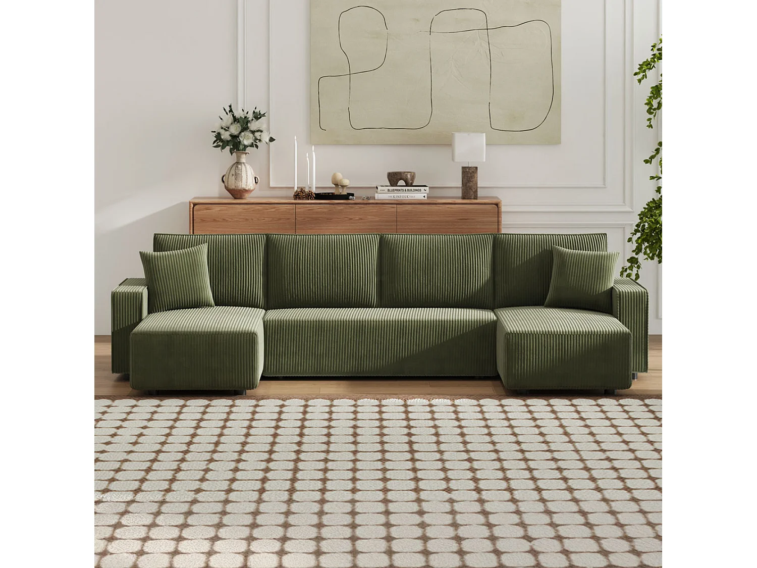 Canapé panoramique convertible 6 places avec coffre en velours côtelé vert SALISBURY