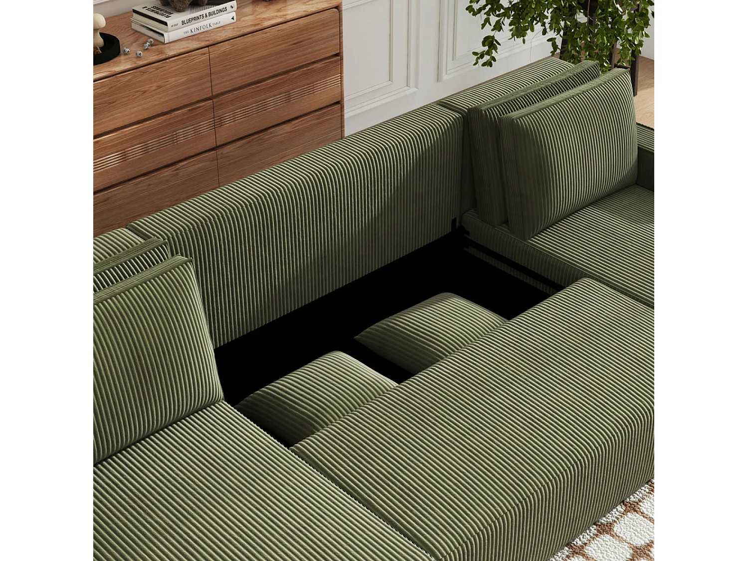 Canapé panoramique convertible 6 places avec coffre en velours côtelé vert SALISBURY