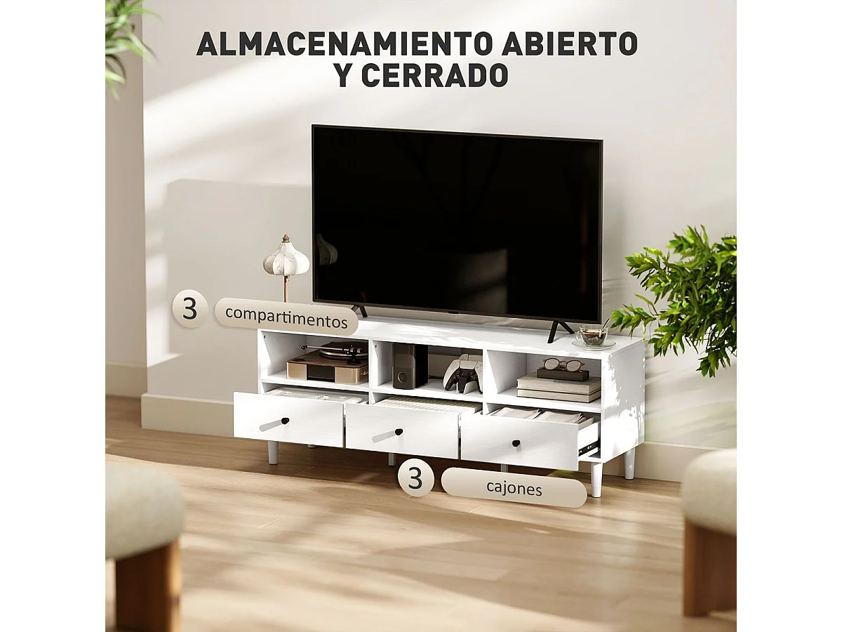 Mueble TV Alaska Homcom 3 cajones + 3 compartimentos blanco 45x120x34 cm