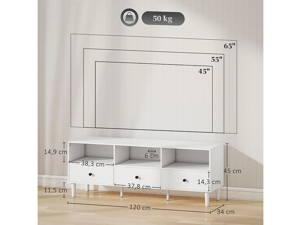 Mueble TV Alaska Homcom 3 cajones + 3 compartimentos blanco 45x120x34 cm