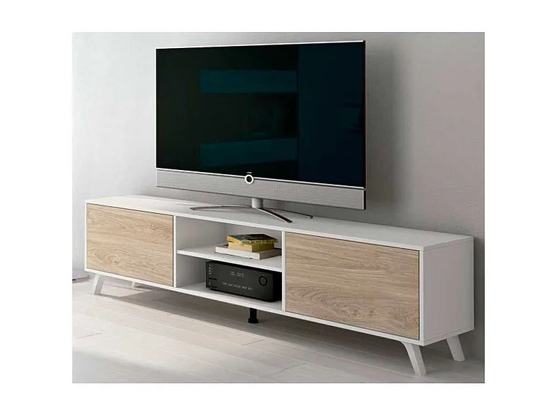 Mueble bajo TV Soto 2 armarios+2 huecos abiertos blanco/roble 49x180x39,6 cm