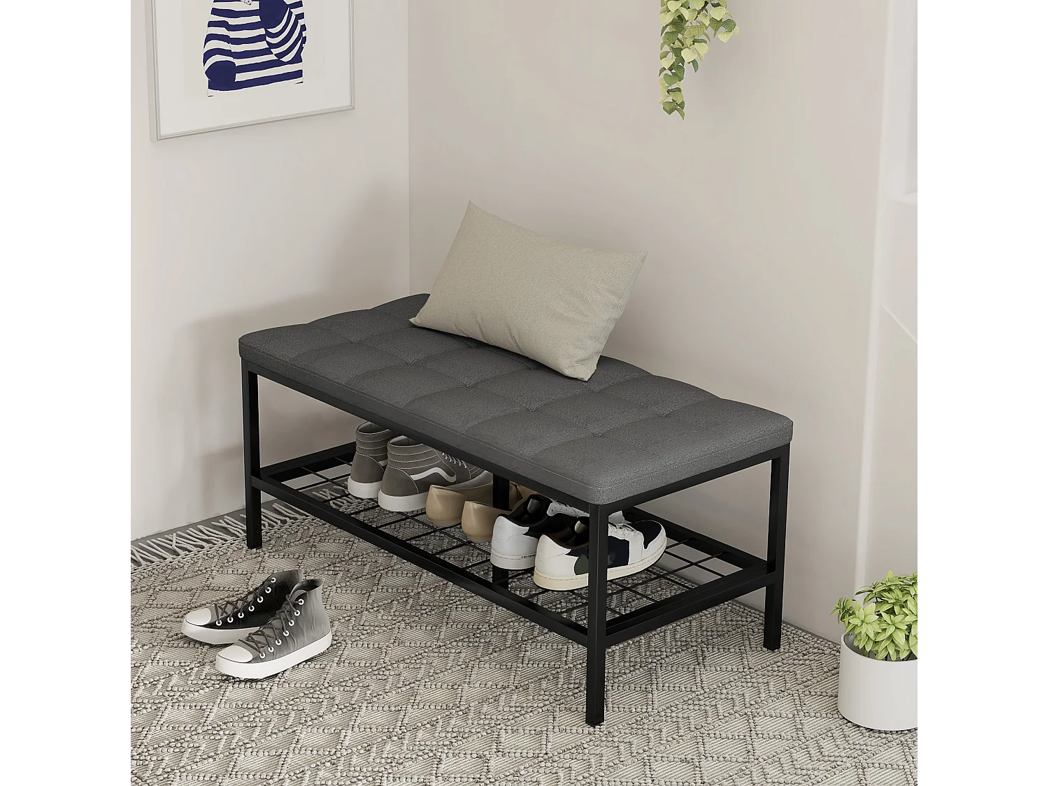 Banc à chaussures avec coussin effet capitonné - étagère - dim. 90 x 41 x 40 cm - métal noir tissu gris