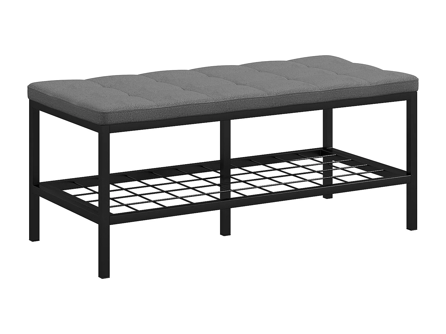 Banc à chaussures avec coussin effet capitonné - étagère - dim. 90 x 41 x 40 cm - métal noir tissu gris