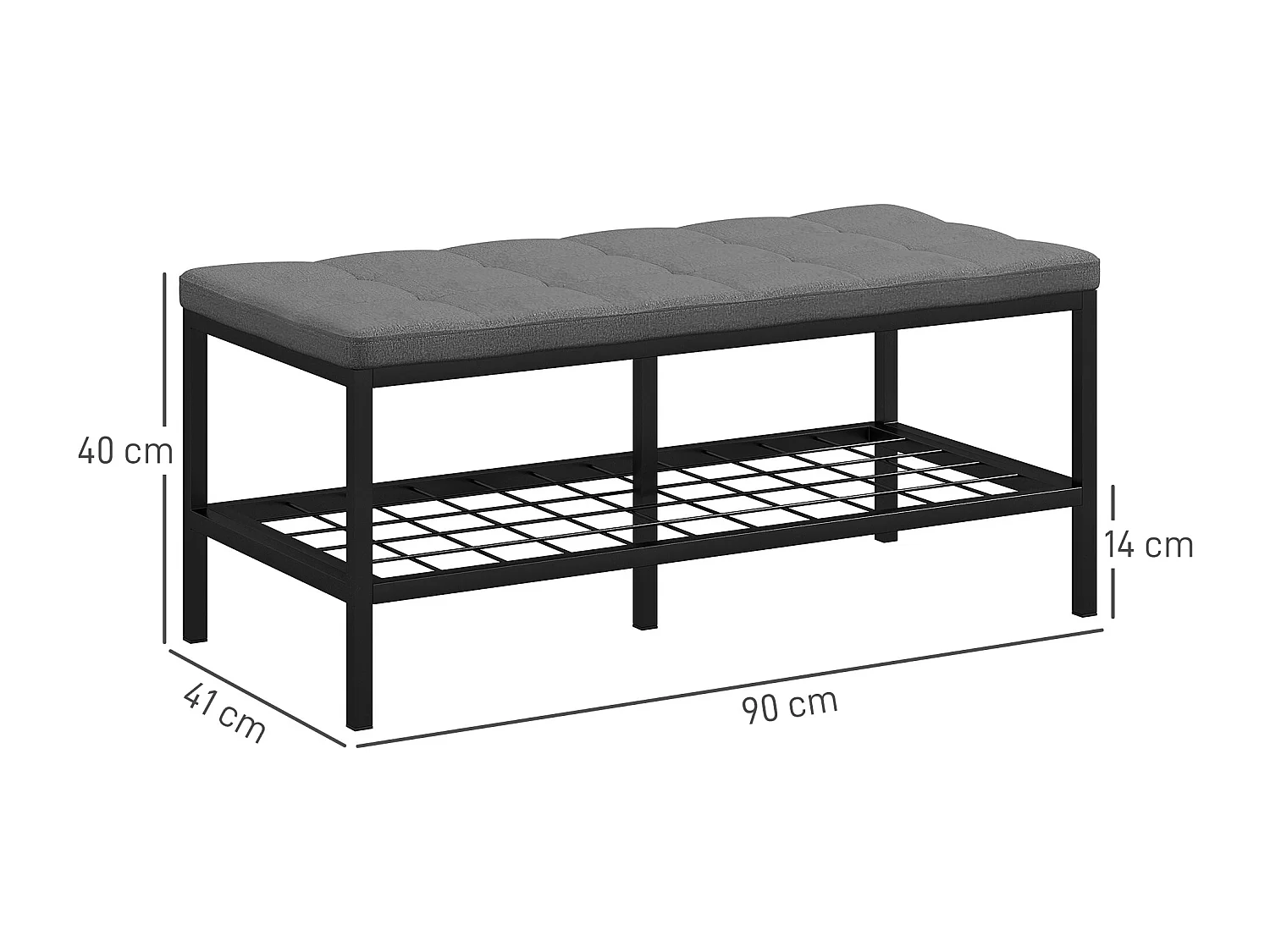 Banc à chaussures avec coussin effet capitonné - étagère - dim. 90 x 41 x 40 cm - métal noir tissu gris
