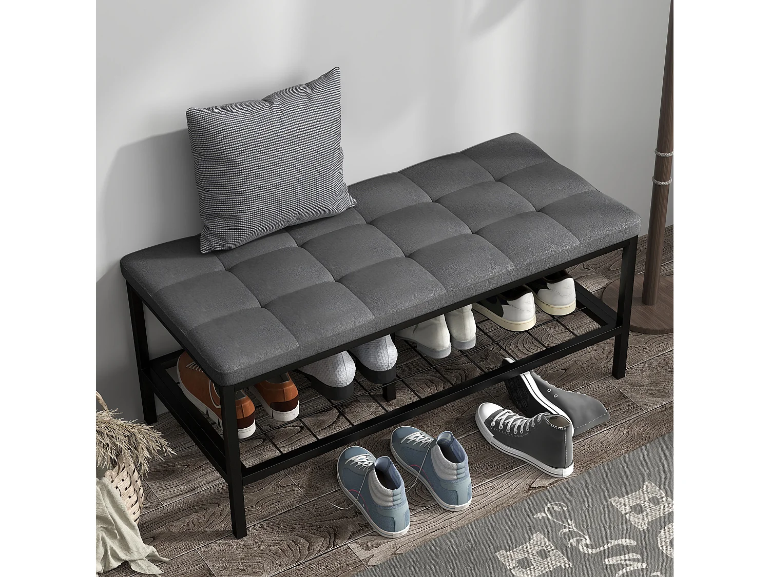 Banc à chaussures avec coussin effet capitonné - étagère - dim. 90 x 41 x 40 cm - métal noir tissu gris
