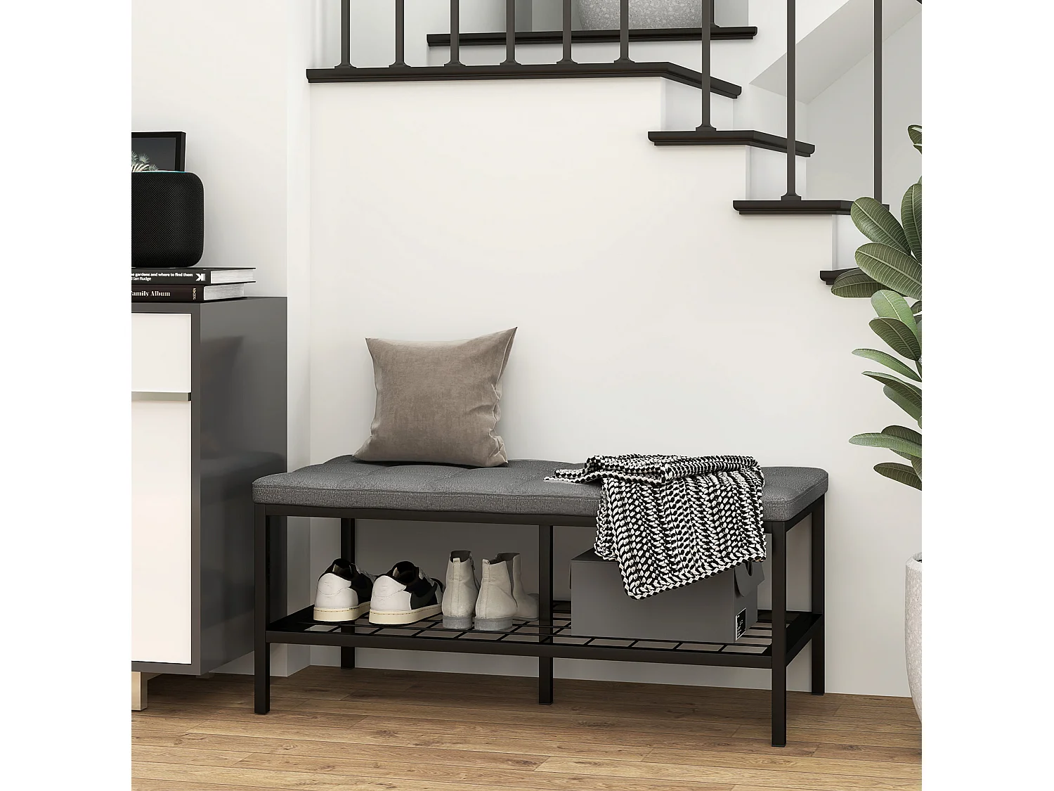 Banc à chaussures avec coussin effet capitonné - étagère - dim. 90 x 41 x 40 cm - métal noir tissu gris