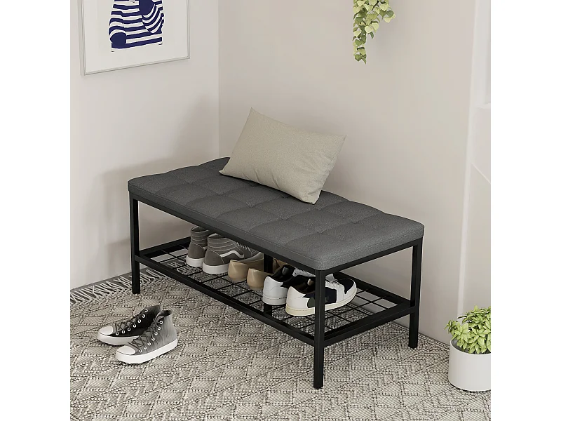 Banc à chaussures avec coussin effet capitonné - étagère - dim. 90 x 41 x 40 cm - métal noir tissu gris