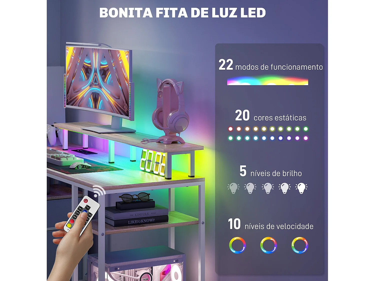 Escritorio Rivera Homcom luz LED con soporte y 2 cajones natural 88,5x55,5x48 cm