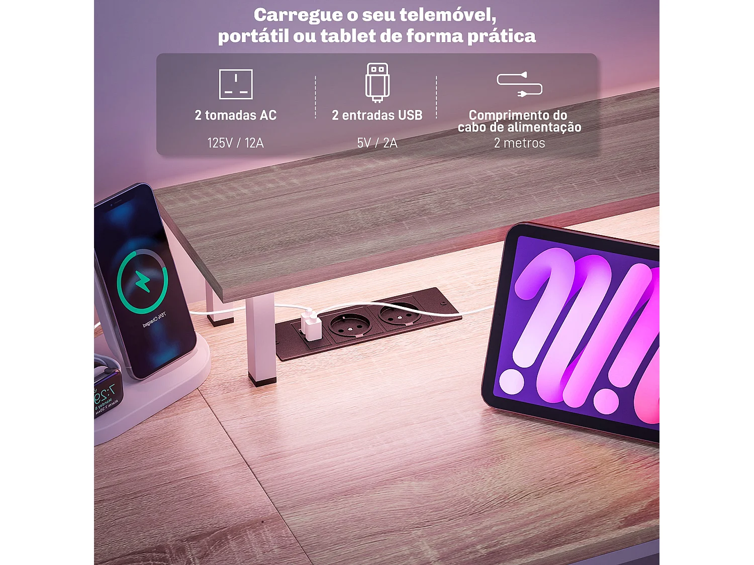 Escritorio Rivera Homcom luz LED con soporte y 2 cajones natural 88,5x55,5x48 cm