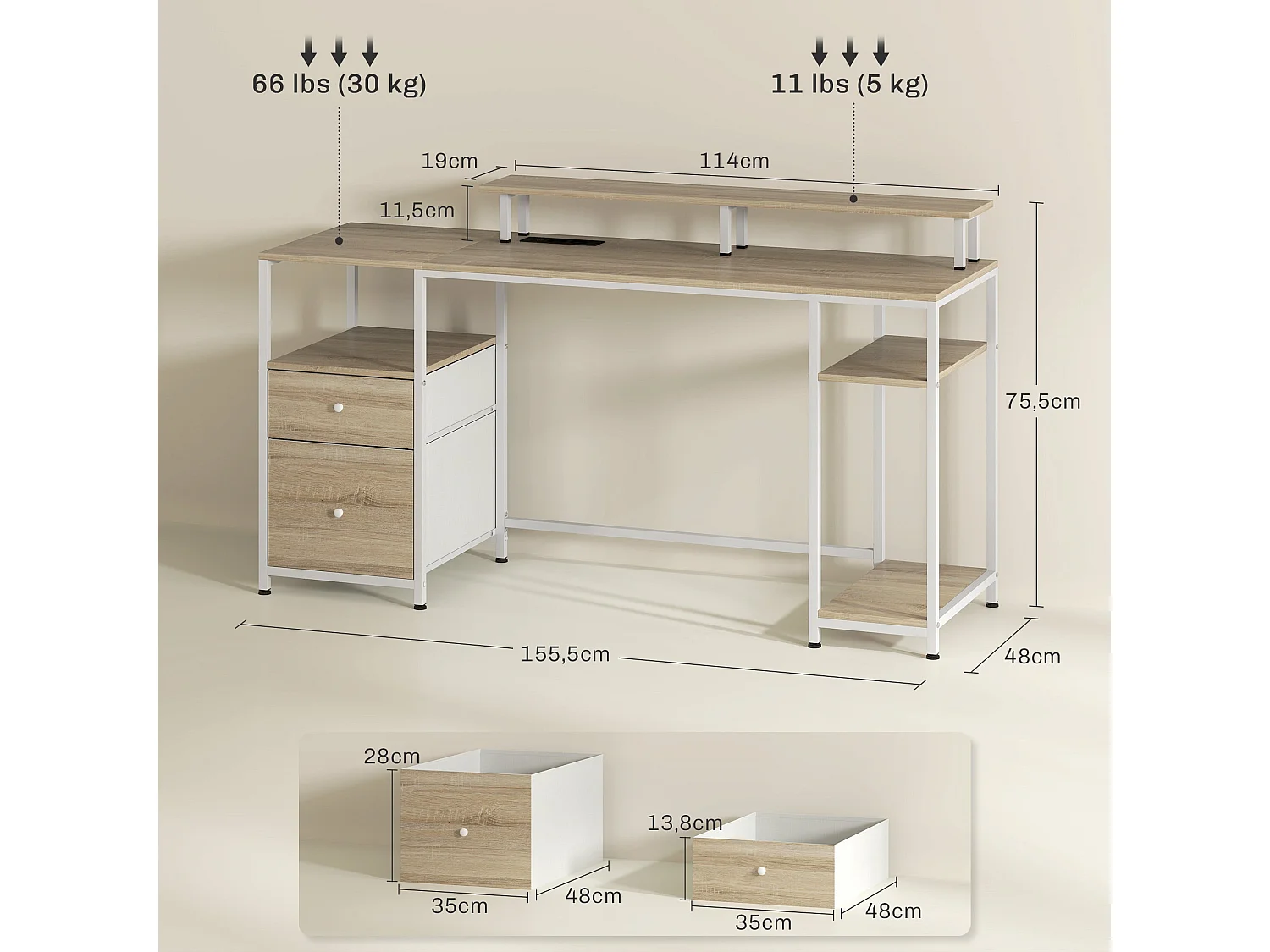 Escritorio Rivera Homcom luz LED con soporte y 2 cajones natural 88,5x55,5x48 cm