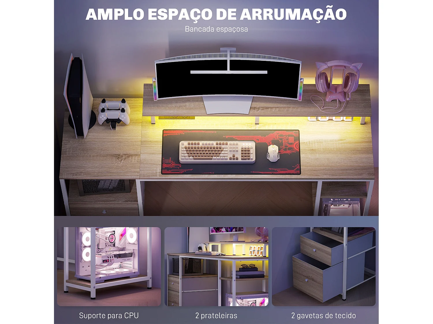 Escritorio Rivera Homcom luz LED con soporte y 2 cajones natural 88,5x55,5x48 cm