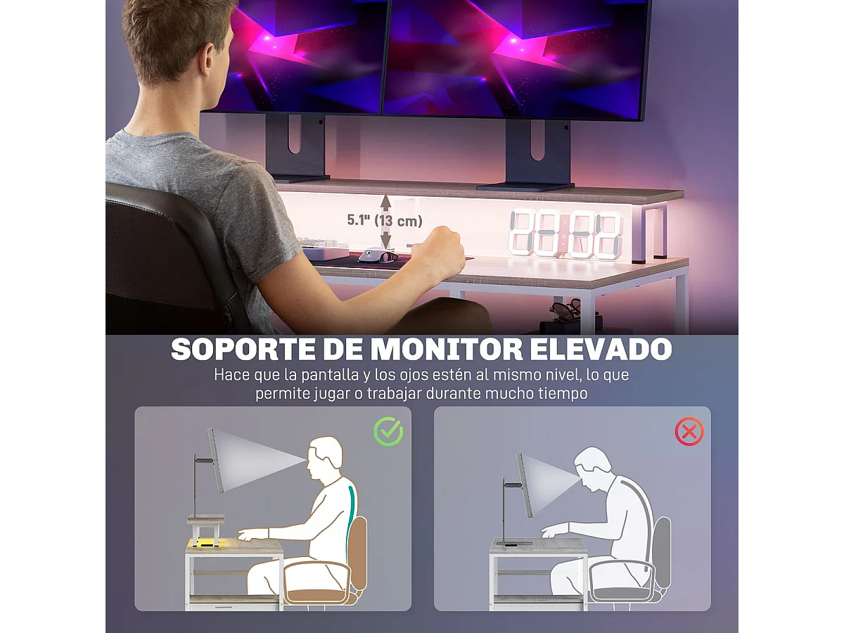 Escritorio Rivera Homcom luz LED con soporte y 2 cajones natural 88,5x55,5x48 cm