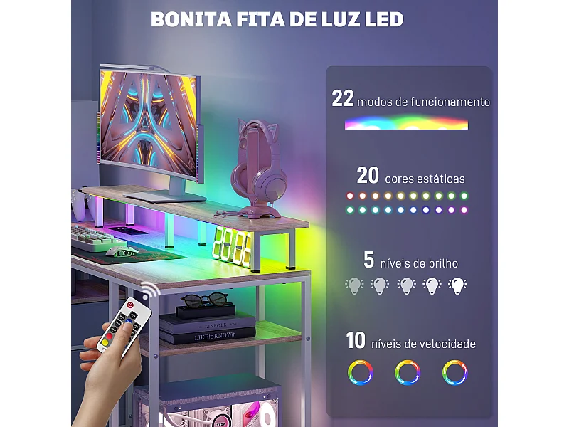 Escritorio Rivera Homcom luz LED con soporte y 2 cajones natural 88,5x55,5x48 cm